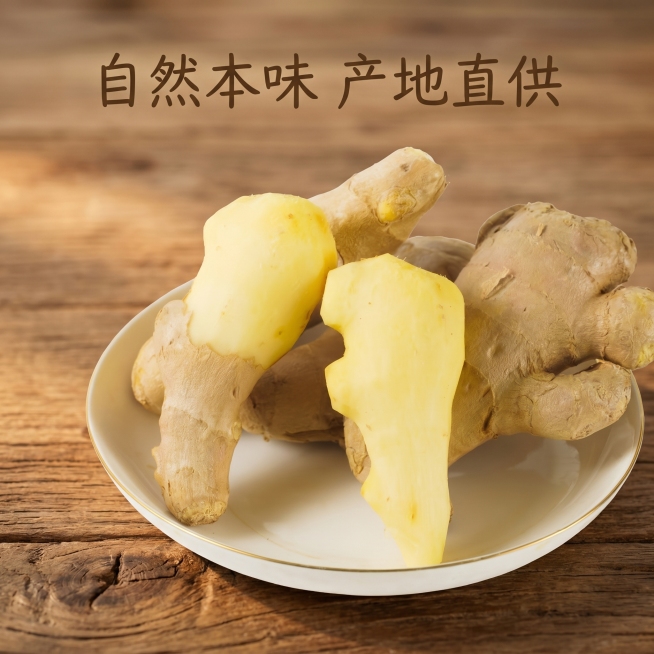 基于原图，保持生姜产品不修改，仅将背景替换为原木桌面，光影层次丰富，温馨治愈风格，在图片顶部添加文字“自然本味 产地直供”，生成800*800的电商主图预览效果