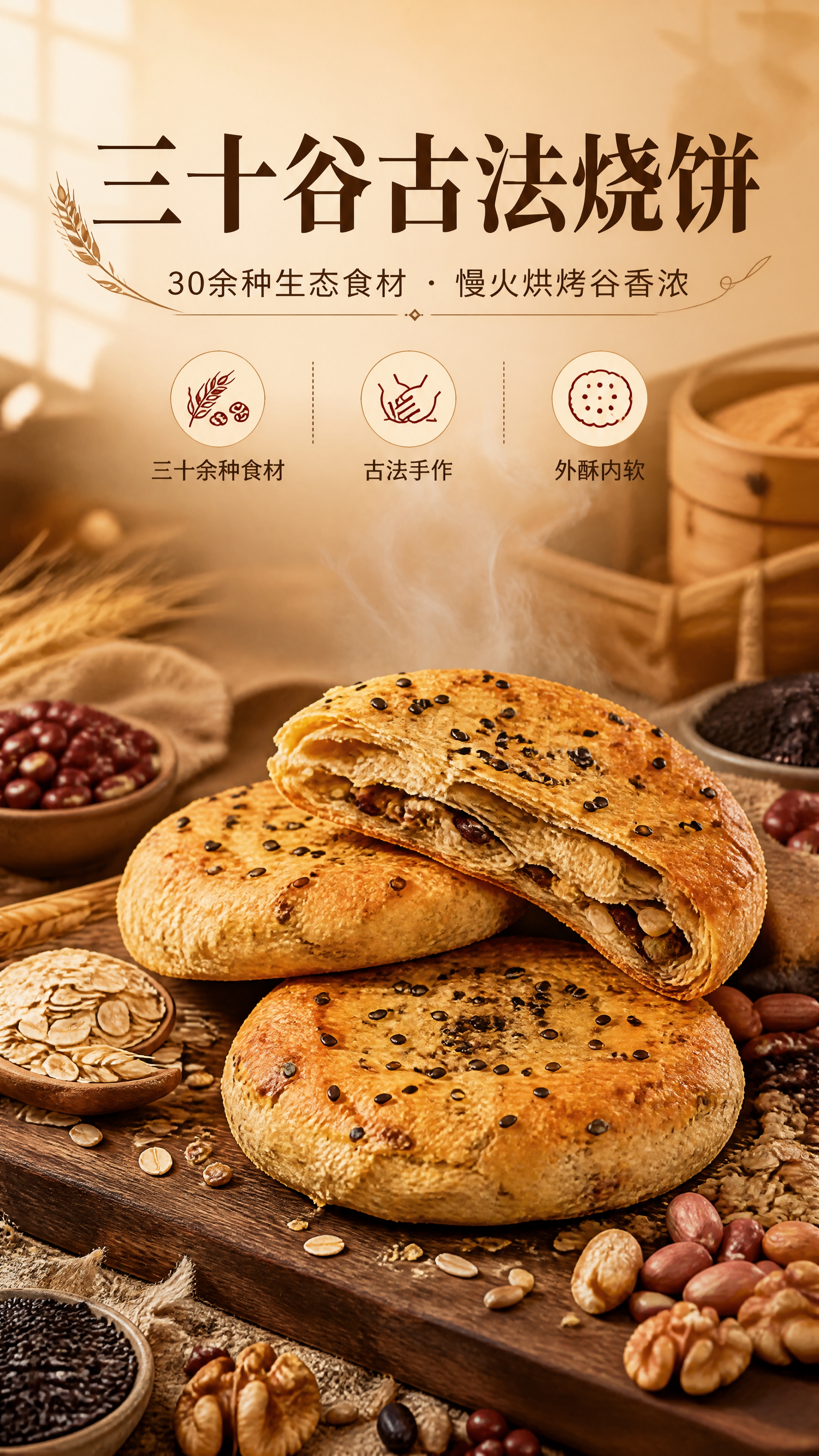 [商品] 三十谷古法手作杂粮烧饼，圆形扁饼状，外皮金黄酥脆，表… - 图片创意预览