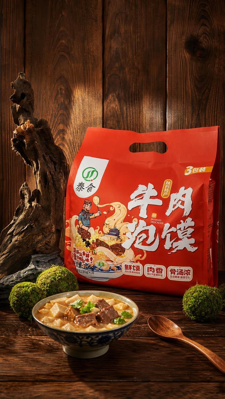 红色袋装牛肉泡馍三连包产品，放置在深棕色木质桌面上，背景为竖纹… - 图片创意预览