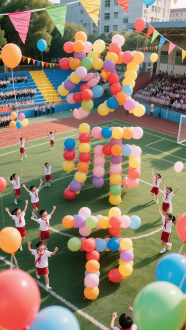 画面主体是 “教师节” 字，由多彩气球排列而成，场景为学校操场。画面中，数名身穿红白相间校服的学生欢呼，占据了操场的中央区域。操场四周悬挂着彩色气球和三角彩旗，背景是坐满师生的蓝色与黄色看台预览效果
