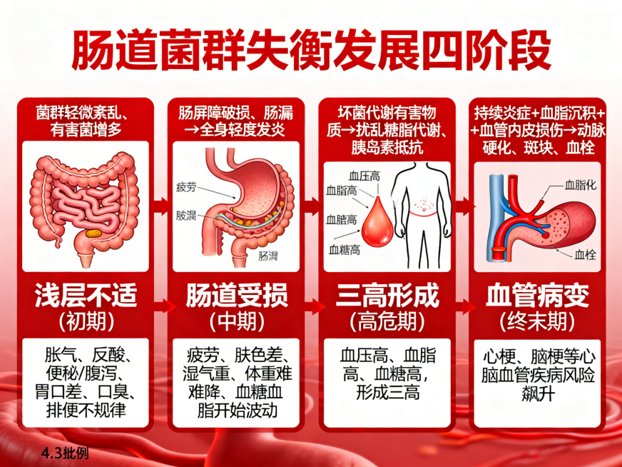 红色警示风格医疗科普图，以图形化方式展示肠道菌群失衡发展四阶段，所有文案完整放置在图上。标题为“肠道菌群失衡发展四阶段”，分四个递进模块配合对应肠道、身体、血管等相关图形呈现：1.第一阶段：浅层不适（预览效果