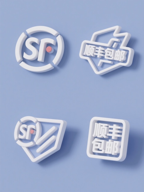 3D风格、规整排布的4个素材，每个素材为不同造型样式的“顺丰包邮”元素，纯色背景，无文字、logo、水印，以极简线条勾勒，造型简洁现代扁平化，线条粗细均匀比例协调，具清晰识别度与符号化特征预览效果