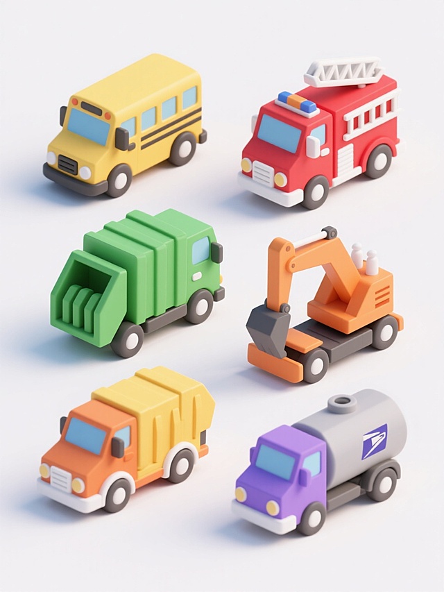 六个不同色彩的3D卡通风格运输车辆，包括红色消防车、黄色校车、绿色垃圾车、橙色挖掘机、紫色邮政车和灰色油罐车，均为纯色车身搭配白色细节，统一采用低多边形建模，平滑圆润的边角处理，简约无纹理的表面，柔和的顶部光源产生轻微阴影，白色纯色背景，所有车辆以两行三列矩阵式规整排布，保持一致的等距间隔和相同的侧前方45度视角，整体呈现出简洁明快的儿童玩具设计感和统一的视觉风格。
