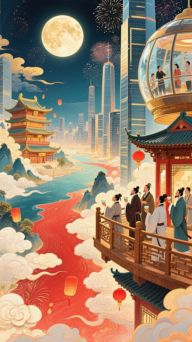 一侧，古代木质观景台，古代文人聚此，举着酒樽、凭栏望圆月、山河；另一侧，现代摩天楼高空观景舱，现代游客透过全景玻璃，赏烟花，背景古楼阁与城市高楼相融合，明月照。整体画面充斥着华丽的金色和喜庆的红色，奇幻色彩和光影变化，具有丰富的层次感和立体感，体现繁荣昌盛喜庆氛围，梦幻的大透视