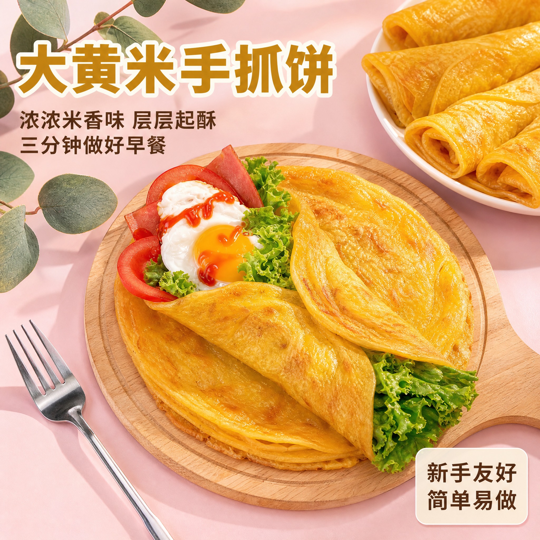 [主图-1] 大黄米手抓饼首图，突出食欲感与家庭早餐场景，核心… - 图片创意预览