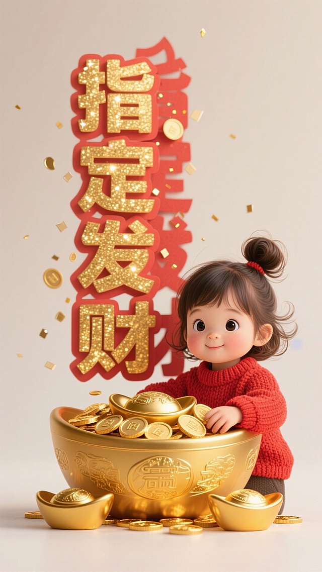 软3D风卡通女孩怀抱金元宝，搭配鎏金浮雕文字“指定发财”，喜庆可爱，重拟物设计，节日氛围浓厚。