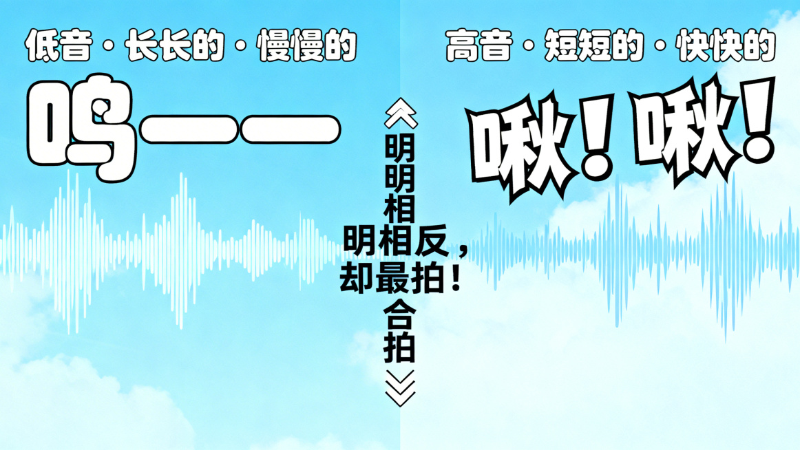 卡通风，浅蓝色背景搭配声波图案，左右分屏，左侧文字"低音 · 长长的 · 慢慢的"搭配大而圆润字体的"呜——"，右侧文字"高音 · 短短的 · 快快的"搭配尖锐活泼字体的"啾！啾！"，中间有文字"明明预览效果