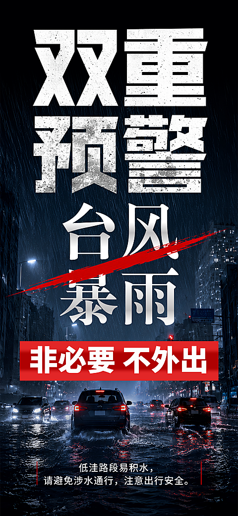 暑期台风暴雨双重预警安全科普宣传雨夜积水城市写实暗黑粗金属字竖版
