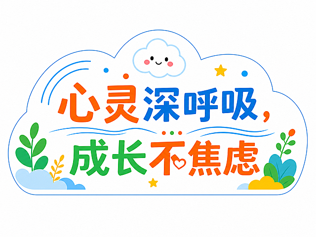云朵形状轮廓KT板，文字"心灵深呼吸，成长不焦虑"，保留花草装饰，进一步压缩整体高度，保持云朵轮廓和蓝色描边，背景纯白色，设计简约，颜色明亮活泼，CMYK印刷模式