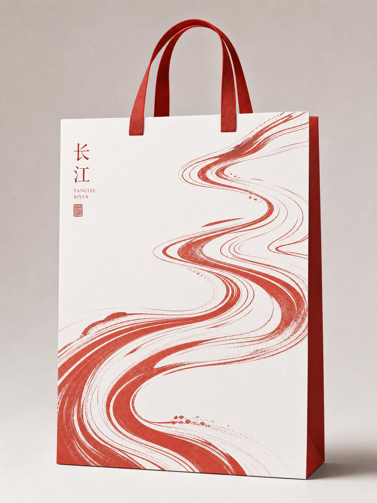 参考图中流动飘逸的丝带/水流形态，将其应用于长江主题手提袋设计… - 图片创意预览
