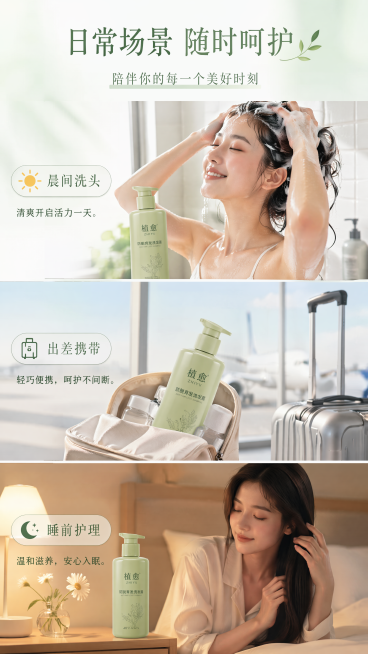 [第6屏] 多场景展示，三格拼图分别展示晨间洗头、出差携带、睡前护理三个日常场景，每个场景配一句话说明，浅清新背景，9:16竖版，4K分辨率。预览效果