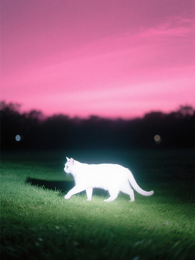 绿色的草坪，粉色的天空，白猫走过