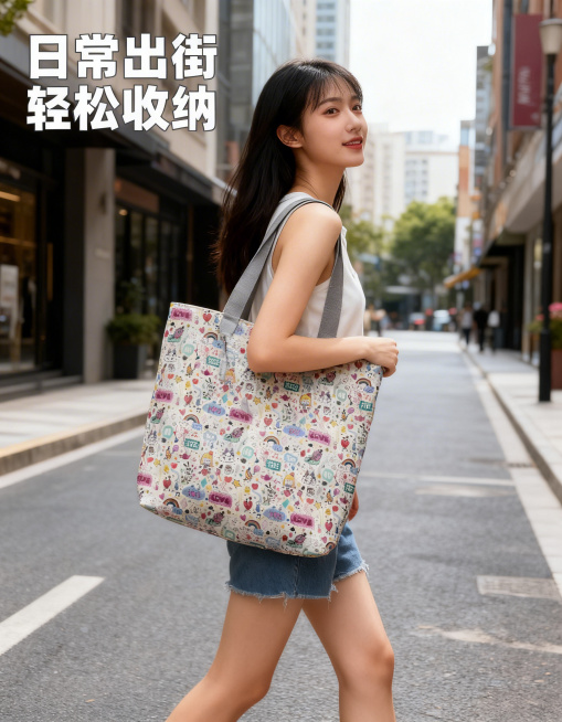 保持女士手提袋原图外观和可爱印花图案不变，增加一位年轻亚洲女生模特自然单肩背着包包，模特走在简约城市街道，展现日常逛街使用场景，左上角文案“日常出街 轻松收纳”，文字不遮挡主体，风格自然清新，光影柔和预览效果