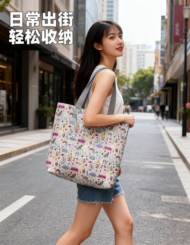 保持女士手提袋原图外观和可爱印花图案不变，增加一位年轻亚洲女生模特自然单肩背着包包，模特走在简约城市街道，展现日常逛街使用场景，左上角文案“日常出街 轻松收纳”，文字不遮挡主体，风格自然清新，光影柔和符合电商主图规范