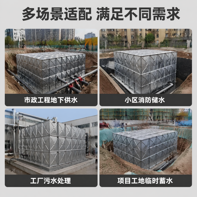 [主图-4] 地埋水箱多场景应用展示图。氛围风格：真实工程场景展示，增强客户信任。画质：高清商业摄影，真实自然，画面干净。版式：四宫格布局，每个宫格展示一个适配场景，统一圆角边框和底部标题条。四个场景预览效果