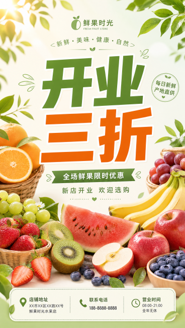 水果店开业三折活动宣传单，整体风格清新自然，画面摆放新鲜多样的水果，突出大标题"开业三折"，色彩明亮柔和，排版干净简约，适合线下派发宣传预览效果