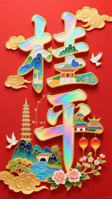 字体设计，“桂平”字笔画进行解构用元素拼接而成，文字笔画填充建筑（西山、大藤峡、龙潭公园、金田起义、北回归线、东塔等）、鲜花、灯笼，白鸽点缀，光影交织，边缘环绕着金色的祥云，红色背景预览效果