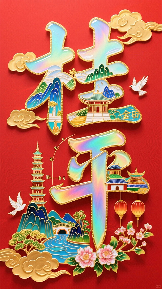 字体设计，“桂平”字笔画进行解构用元素拼接而成，文字笔画填充建筑（西山、大藤峡、龙潭公园、金田起义、北回归线、东塔等）、鲜花、灯笼，白鸽点缀，光影交织，边缘环绕着金色的祥云，红色背景