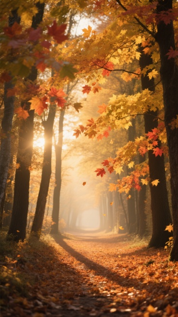 秋日林间小径，两侧高大树木枝繁叶茂，金黄与橙红色的枫叶挂满枝头，部分叶片随风飘落，地面铺满厚厚的落叶，温暖的秋季氛围。柔和的傍晚逆光，阳光从树林尽头斜射进来，在地面投下长长的树影，树叶边缘被染上一层金预览效果