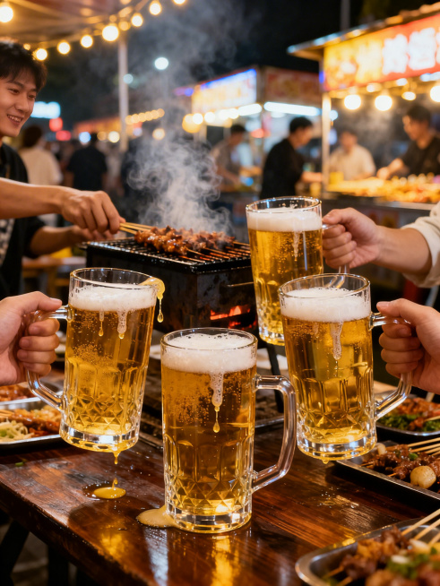 电商详情图，展示加厚透明无铅玻璃啤酒杯在朋友聚会夜市大排档的使用场景，多个杯子盛满啤酒，氛围热闹烟火气，商业摄影风格，比例3:4预览效果