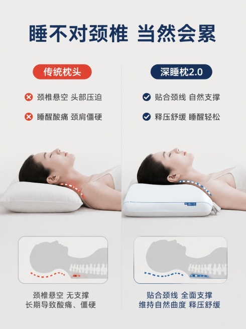 [第2屏] 痛点直击-解决颈椎睡眠问题，本屏无产品主体，侧重痛点表达。
[氛围/风格] 对比清晰风格，浅灰简约背景，专业感。
[元素布局] 画面左右分栏对比，左侧「传统枕头」配示意图：颈椎悬空、睡醒酸预览效果