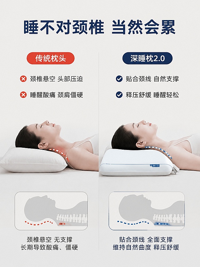 [第2屏] 痛点直击-解决颈椎睡眠问题，本屏无产品主体，侧重痛点表达。
[氛围/风格] 对比清晰风格，浅灰简约背景，专业感。
[元素布局] 画面左右分栏对比，左侧「传统枕头」配示意图：颈椎悬空、睡醒酸痛；右侧「深睡枕2.0」配【图1】产品图：贴合颈线、舒缓支撑。产品保持外观和材质与原图一致，每部分对比清晰，留白充足。
[光影质感] 均匀柔光，左右光影一致，文字对比清晰。
[配色色系] 全局底色 #F5F5F0；主色浅灰；对比色深蓝和浅红，左侧浅红标注问题，右侧深蓝标注优势。
[视角构图] 对称对比构图，左右均分，阅读从上到下。
[文字版式] 顶部主标题「睡不对颈椎 当然会累」，深蓝色居中粗体；左右分栏各自标题，左侧红底白字「传统枕头」，右侧蓝底白字「深睡枕2.0」；每个分栏下2个卖点短句，不遮挡产品主体。
[比例分辨率] 3:4竖版比例，4K分辨率，文字清晰可辨，高清画质。
[负向提示词] 变形，水印，文字错乱，文字过小，缺件错件，结构错误，颜色偏差，包装文字错乱，产品图模糊，背景杂乱