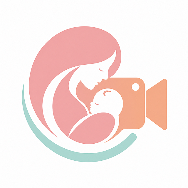 为妇女儿童医院设计简约几何风格logo辅助图形，需要包含记录含义，整合摄像机、妈妈和宝宝的元素，整体设计简约大气，体现医疗分娩温暖的氛围，采用简约几何线条和形状构成