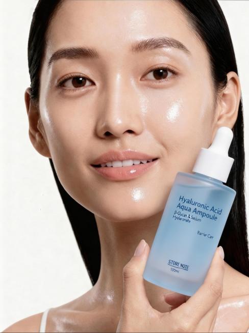 将人物手中的透明玻璃质感安瓶改为淡蓝色磨砂带颜色的质地，保留瓶身文字内容与排版不变，保持握持姿态、光影和整体风格一致预览效果