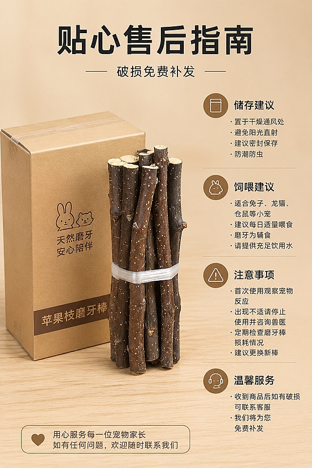 [第9屏] 售后指南屏-苹果枝磨牙棒贴心售后指南。本屏使用【图1】作为商品主体。
[氛围/风格] 清新自然写实风，浅米暖原木色调，8K静物实拍，干净简约质感。
[元素布局] 浅木桌面居中摆放整捆苹果枝 + 快递打包纸箱，右侧竖排文字贴士，整体左右平衡简约电商版式，无多余装饰，产品外观与输入图一致。
[光影质感] 柔和桌面柔光，纸箱木纹、树枝表皮细节清晰，干净通透。
[配色色系] 全局浅暖米色背景，浅木色桌面，产品原木棕褐色，色调干净简约。
[视角构图] 左右平衡版式，左侧产品右侧文字，整体居中稳定。
[文字版式] 主文案“贴心售后指南”顶部居中加粗黑字，副文案“破损免费补发”在下方浅小字，右侧分栏竖排摆放储存、饲喂文字小贴士，文字清晰排版整齐。
[比例分辨率] 9:16竖版比例，宽度1080像素，4K分辨率，文字清晰可辨，高清画质。
[负向提示词] 产品变形，缺件错件，颜色偏差，水印，文字错乱，产品图模糊，文字过小，卡通手绘，多余装饰