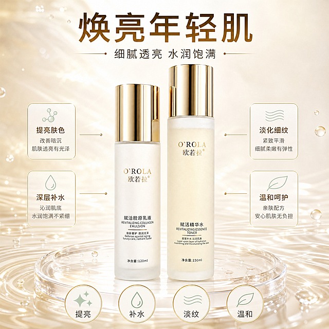 [主图-1] 欧若拉赋活提亮水乳套装首图，唯一任务：套装全貌+核心利益点。
[统一基调] 套系策略：风格=银白暖金高端护肤商业摄影；标题字=现代无衬线粗体；正文字=简洁无衬线体；主色=暖白/乳白；背景延展=银白到暖香槟金渐变、细腻光纹与浅金光效、水润水珠；强调色=金色与浅薄荷绿，仅用于小面积图标、引线、徽章；标题色=深金棕；正文色=中深暖灰；组件=金色描边圆角信息卡、细线引线、圆形徽章；光影=顶部柔光+产品轮廓光+水光高光。
[画面] 使用【图1】欧若拉赋活水乳两瓶（赋活精华水150ml与赋活胶原乳液120ml，磨砂玻璃瓶+金色瓶盖）完整保真，两瓶并排直立居中、瓶身文字“O'ROLA 欧若拉”“赋活精华水”“赋活胶原乳液”与容量清晰无截断；产品占画面约65%，置于透明亚克力展台，平视微俯；背景银白暖金渐变+光纹+水珠+浅金光效；底部4个金色描边圆形利益icon横排“提亮”“补水”“淡纹”“温和”。
[光影质感] 顶部柔光箱主光+前方水光高光，磨砂玻璃通透、金色瓶盖金属光泽细腻，接触阴影扎实。
[配色] 银白暖金主色，浅薄荷绿仅用于icon与徽章点缀，背景无紫色。
[文字版式] 上部主标题“焕亮年轻肌”，副标题“细腻透亮 水润饱满”，底部icon“提亮”“补水”“淡纹”“温和”；全部横向排版，主标题最大，不遮挡瓶身与标签文字。
[输出要求] 1:1正方形，2K，文字清晰无错字乱码，产品保真无变形，无平台logo/水印/二维码，无绝对化用语。