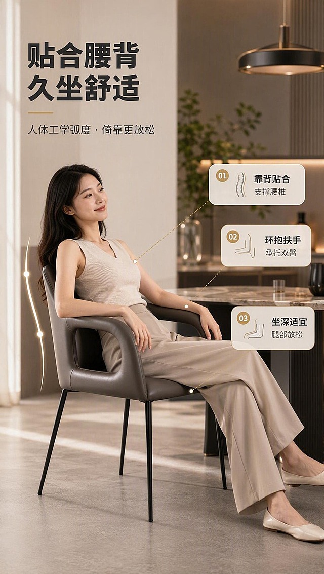 [商品] 使用【图1】右侧烟灰色餐椅参考；保留全包软包靠背、镂空环抱扶手、黑色细金属腿与整体比例；颜色为烟灰色仿真皮；一位亚洲年轻女性自然坐靠在餐椅上，姿态放松，双手轻搭扶手；产品结构与颜色不因人物而变形。
[画面] 目标：沉浸体验页，展示人体工学坐感与倚靠舒适度。构图：中景，人物侧坐于餐椅，身体微向后靠，展示靠背贴合与扶手承托；产品+人物占画面约65%；背景为现代简约餐厅一角（餐桌、吊灯、绿植虚化）；用柔和弧线标注靠背曲线与扶手高度，体现人体工学；暖调自然光。
[视觉] 套系策略：风格=现代轻奢意式极简商业摄影；标题字=现代无衬线粗体（思源黑体Heavy）；正文字=简洁无衬线体（思源黑体Regular）；主色=烟灰深棕调；背景延展=基于烟灰+暖米杏做深浅层级、同色渐变与细腻石材/木皮质感；强调色=暖金铜色，仅用于小面积图标、引线、标签和局部金属点缀；标题色=深炭灰；正文色=中暖灰；组件=圆角浅底信息卡、细线引线、数字序号胶囊；光影=左前侧暖柔光，右侧轮廓光，阴影柔和自然。
[文字] 左上主标题「贴合腰背 久坐舒适」（8字），副标题「人体工学弧度 · 倚靠更放松」（12字）；右侧3个体验卖点：「靠背贴合 支撑腰椎」「环抱扶手 承托双臂」「坐深适宜 腿部放松」；文字不遮挡人物脸部与椅身主体。
[规格] 图片比例9:16竖版，4K分辨率，淘宝/天猫详情页风格；亚洲模特；避免变形、错字、文字过小、冷蓝背景、椅型结构改变、人物比例失真。