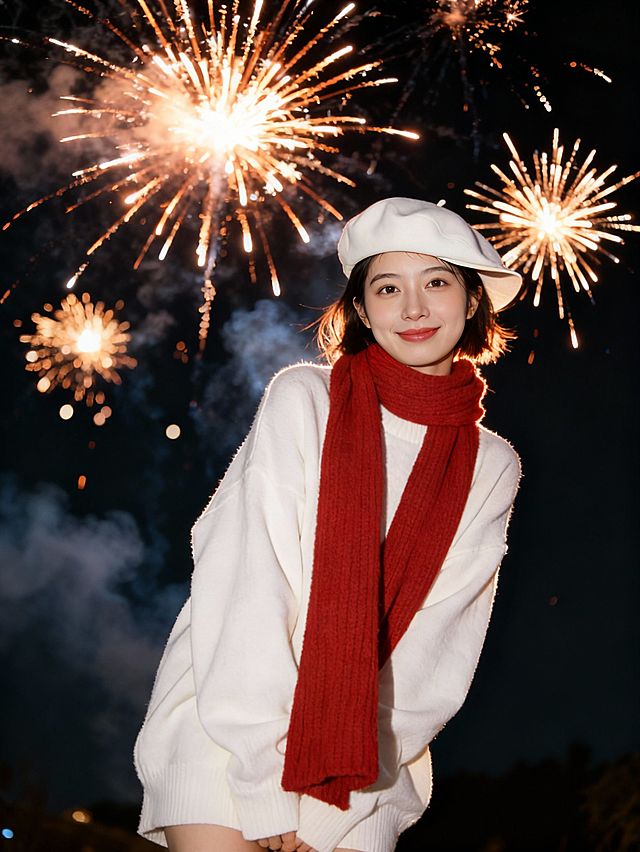 背景换为深色夜空里炸开的几朵烟花，有火光、烟雾、光斑，根据环境调整人物的边缘光，发丝光，逆光，写实风格