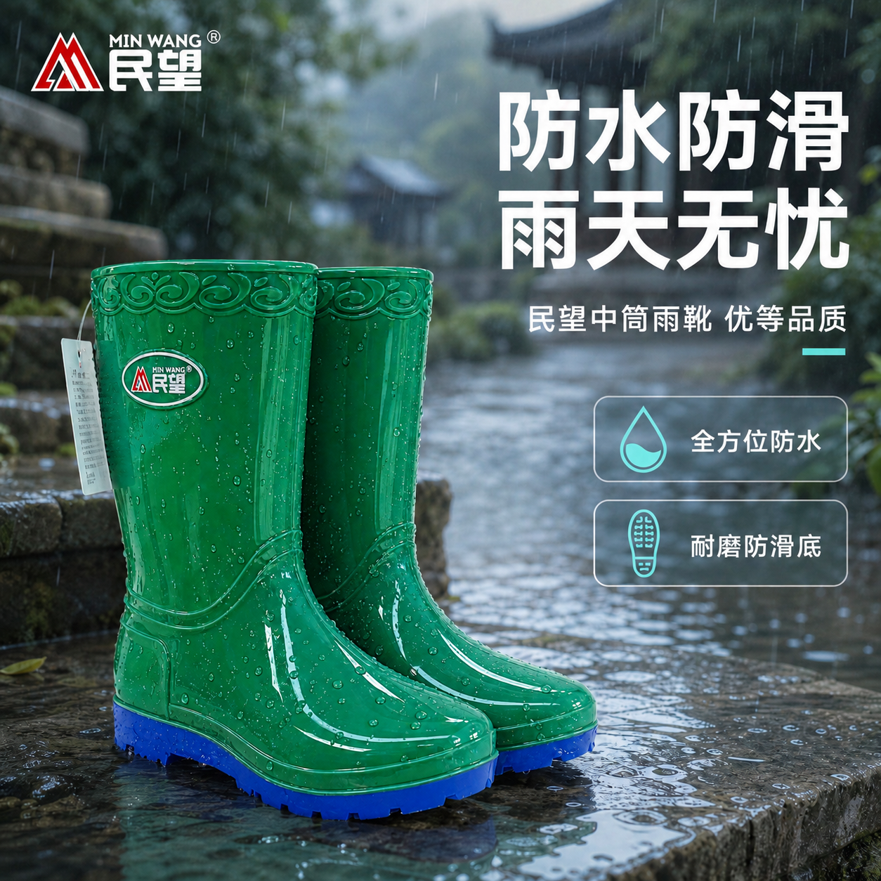 编辑产品图：保持【图1】整张图的构图、雨靴鞋型、鞋底颜色、背景… - 图片创意预览