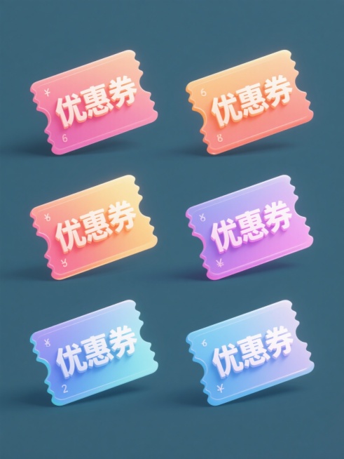 一组6个不同配色、完全不同造型和角度的优惠券系列素材集合，每个优惠券均为圆角矩形带锯齿状边缘设计，正面中央有凸起的“优惠券”立体文字，采用与原图像风格一致的明亮渐变色彩、光滑塑料质感、柔和高光及轻微阴影效果，整体呈现简洁现代的矢量插画风格，所有优惠券规整排列于纯色背景上，保持各自独特的色彩方案、券面角度和造型细节，确保视觉上的统一性与多样性并存。预览效果
