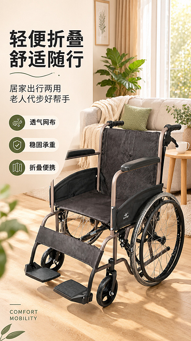 [商品] 使用【图1】咖色手动折叠轮椅；保留车架结构、网布座面靠背、扶手、脚踏、轮组、刹车部件的形状、颜色、材质与产品标签文字，真实功能方向为居家代步与出行辅助。
[画面] 页面目标：首屏KV海报，突出产品整体质感与北欧温馨居家氛围。版式：左文右景，左侧1/3竖列文案区，右侧2/3为客厅大场景+轮椅主体。产品占画面约60%，中景构图，轮椅置于浅木地板上，背景有落地窗、纱帘、绿植与边几，暖调午后自然光。阅读动线：左上主标题→副标题→亮点条→右侧产品主体。
[视觉] 套系策略：风格=北欧温馨居家商业摄影；标题字=思源黑体粗体；正文字=思源黑体常规；主色=暖咖棕；背景延展=基于暖咖棕做深浅层级、米白渐变和细腻木纹/织物质感；强调色=橄榄绿，仅用于小面积图标、引线和标签；标题色=深炭灰；正文色=中暖灰；组件=圆角浅底信息卡、细线引线、胶囊卖点框；光影=左前侧暖柔光，纱帘漫射，产品轮廓光清晰。
[文字] 左侧文案区：主标题「轻便折叠 舒适随行」，副标题「居家出行两用 老人代步好帮手」，亮点条3条「透气网布」「稳固承重」「折叠便携」，底部英文角标「COMFORT MOBILITY」。文字不遮挡轮椅主体、扶手和轮组。
[规格] 图片比例9:16竖版，4K，避免变形、错字、文字过小、冷蓝/蓝灰背景、产品颜色改变、结构失真、极限词。