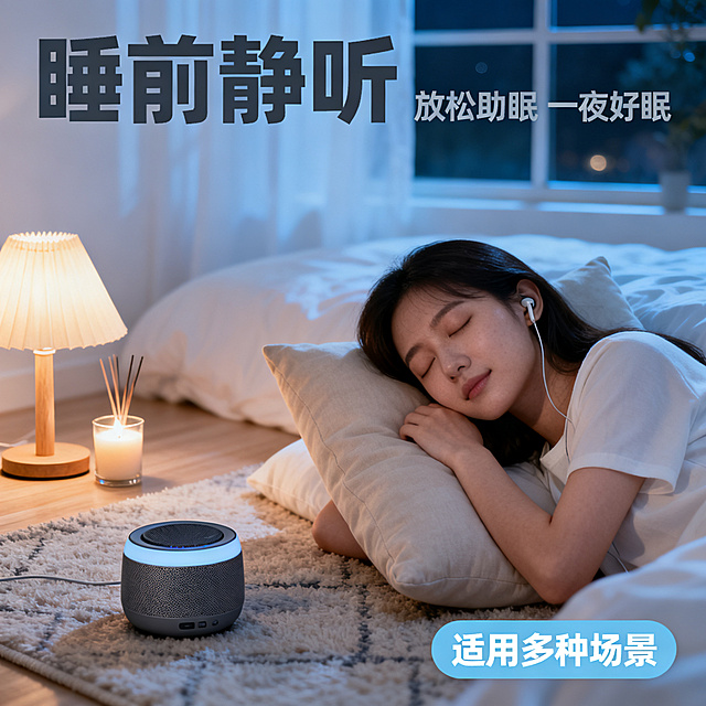 [主图 3] 轻音乐适用场景展示图。
[氛围风格] 温馨慵懒居家氛围感，和整套图风格统一。
[画质] 商业设计质感、光线柔和通透、元素清晰真实、画面干净高级，超高清。
[元素] 画面展示温馨卧室一角，床边地毯上放着蓝牙音箱，旁边一盏暖光台灯，一杯香薰蜡烛，女生窝在靠枕上闭眼聆听，姿态放松。窗外夜色柔和，整体营造睡前放松场景。主体元素清晰，不拥挤杂乱，满屏无边框设计。
[光影] 暖光台灯作为主光源，整体光线柔和偏暖，明暗层次自然，背景有轻微虚化突出主体，氛围感拉满。
[配色] 主色调浅蓝+暖米白，浅木色辅助，低饱和柔和配色，和整套图统一。
[视角构图] 平视四分之三构图，近景场景展示，景深适中。
[文字版式] 画面左上角放置主标题“睡前静听”，深灰色粗体；右侧副标题“放松助眠 一夜好眠”浅灰色小字；底部右下角放置浅蓝圆角标签“适用多种场景”白色文字，文字均不遮挡主体人物。
[比例分辨率] 1:1 比例，2k 分辨率；文字清晰锐利，画面超高清。
[负向提示词] 变形，水印，文字错乱，产品图模糊，背景杂乱，配色刺眼，遮挡主体，绝对化违禁词。