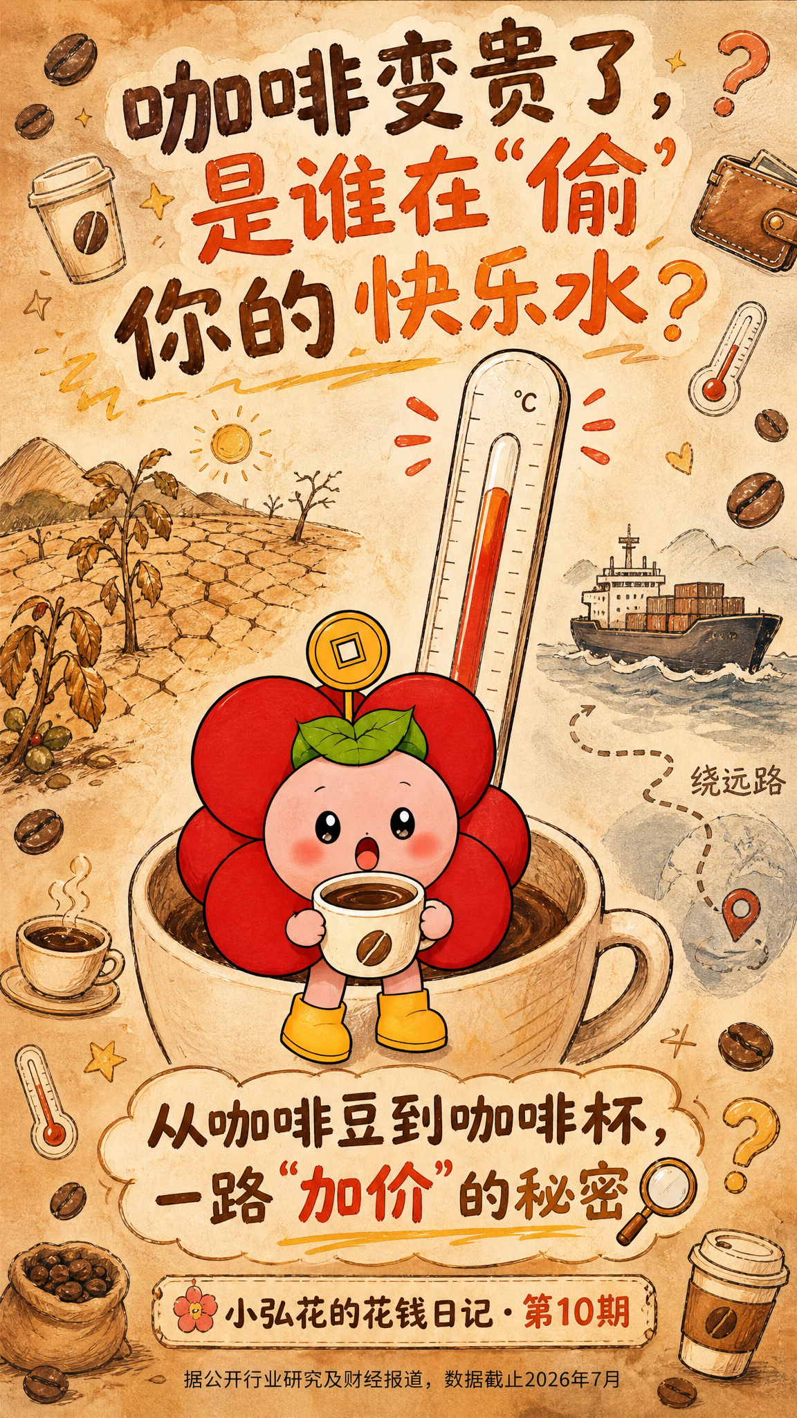 手绘涂鸦风竖版封面插画，背景从咖啡色渐变到奶油白，有纸纹质感。… - 图片创意预览