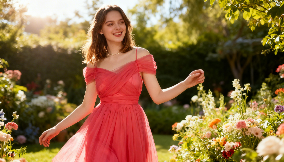 以图中的西瓜红色露肩吊带收腰网纱连衣裙为元素，保持裙子主体特征不变，欧美女性穿着该裙参加花园派对的场景，画面清新活泼有氛围感，风格真实自然预览效果
