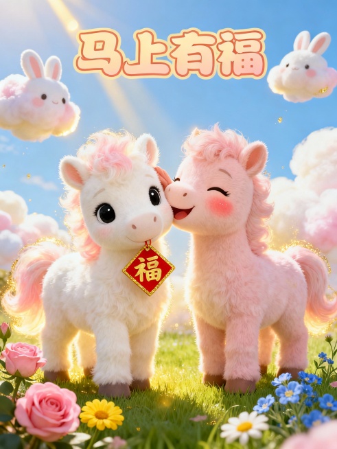 在一个弥漫着暖色调且满是温馨氛围的画面里，以淡淡的米黄色与粉色为主色调，营造出柔和、可爱的视觉感受。画面上方用卡通字写着“马上有福”

画面中心是两只毛茸茸的动漫风格小马。左边的小马通体雪白，绒毛如云预览效果