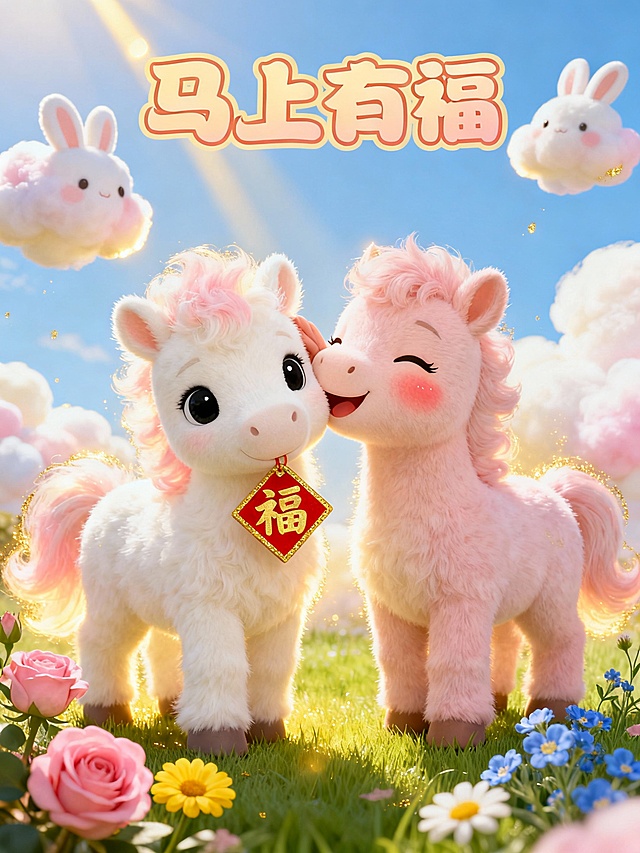 软3D风卡通小马，毛发生长质感细腻，梦幻粒子飘散，温馨喜庆氛围中传递“马上有福”祝福，充满可爱与节日欢愉。