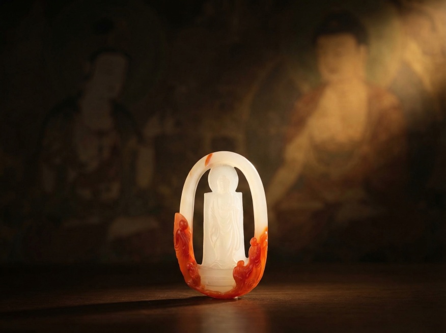 以吊坠为主体，保持吊坠的形态、纹理、俏色、雕刻细节完全不变，暗调氛围，背景是隐约的敦煌壁画肌理，隐约呈现观音佛像，暖金色佛光照在吊坠上，吊坠和背景有清晰的空间层次感，整体画面有高级质感和光感，参考参考预览效果