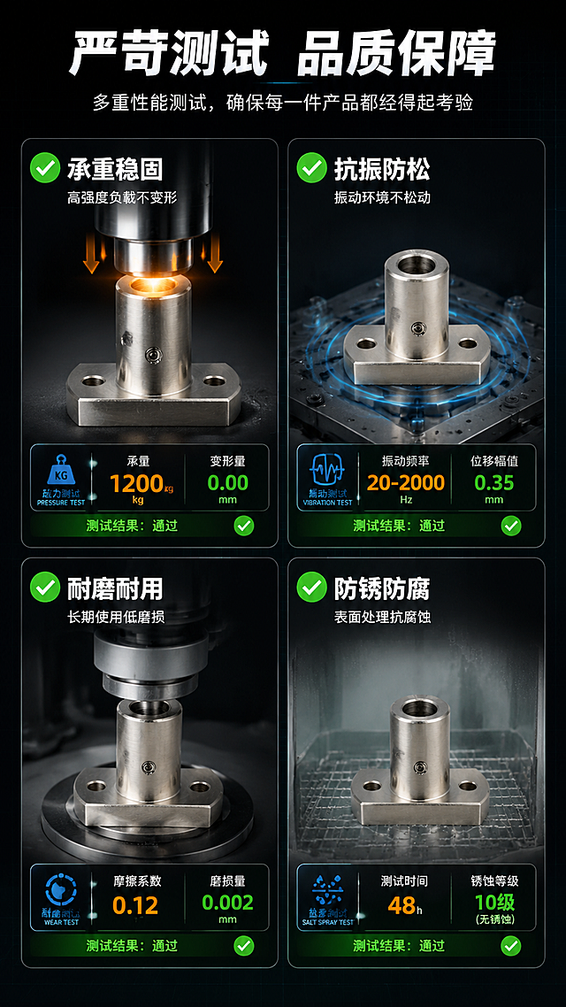 [第6张] 详情页性能测试-对边法兰型底座支座性能可视化验证。本张使用【图1】作为产品主体，保持产品结构与输入图一致，展示性能测试场景。
[氛围/风格] 性能测试风，黑底+数据可视化，专业可信，工业硬核感。
[元素布局] 画面分4个测试模块呈2x2排列，每个模块含产品局部特写+测试可视化效果+结果标签；左上：承重测试（产品受压+压力箭头）；右上：稳固测试（振动测试台+产品不松动）；左下：耐磨测试（摩擦测试+表面完好）；右下：防锈测试（盐雾环境+无锈迹）；背景为深黑色+科技感网格线。
[光影质感] 聚光照明，每个测试模块有局部高光，明暗对比强烈，突出测试效果。
[配色色系] 全局底色 #0D1117 深黑；主色金属银灰；辅助色亮绿通过标识、橙黄数据、蓝色图标；文字白色。
[视角构图] 2x2宫格布局，每格独立测试场景，阅读动线顶部标题→4宫格测试模块。
[文字版式] 版式为顶部标题+2x2性能测试宫格。主标题「严苛测试 品质保障」，白色粗黑体居中顶部；4个测试模块分别标注：「承重稳固」高强度负载不变形、「抗振防松」振动环境不松动、「耐磨耐用」长期使用低磨损、「防锈防腐」表面处理抗腐蚀；每格有绿色对勾图标+测试项标题+简短说明；文字清晰可读。
[比例分辨率] 9:16 竖版比例，4K分辨率，文字清晰可辨，高清画质。
[负向提示词] 产品变形，结构错误，数据虚假，水印，文字错乱，文字过小。