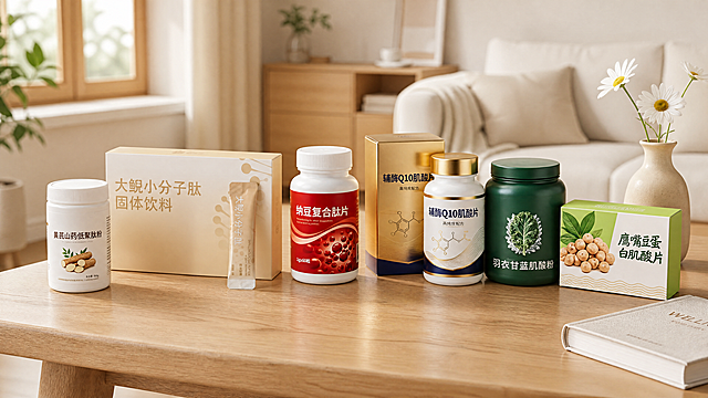 超写实国内电商健康产品场景摄影。
主体：六款保健品产品（黄芪山药低聚肽粉、大鲲小分子肽、纳豆复合肽片、辅酶Q10肌酸片、羽衣甘蓝肌酸粉、鹰嘴豆蛋白肌酸片），每种包装（瓶装、盒装、袋装）都严格参照对应上传产品图，完整保留所有可见组件、轮廓、结构、比例、材质、颜色与产品本体上的文字信息（logo/型号/规格/参数等），与上传图完全一致；所有产品排列错落有序，互不遮挡穿模，自然融入场景光影，与场景共处同一物理空间，产品为第一视觉焦点，清除产品本体之外的卖点/水印/价格/排版角标/装饰边框等营销信息。
构图：黄金分割构图，均衡排列所有产品，产品间留有合理物理空间，保持视觉平衡。
风格：温馨北欧奶油风。
场景：现代简约原木风客厅木质茶几，展示多样包装形式的营养保健品，体现瓶装盒装袋装多种选择。
空间：①背景是浅白色墙面，左侧有一扇木质窗户透进自然光；②茶几桌面为浅胡桃实木纹理；③茶几右侧摆放一只素陶小花瓶插着两朵白色小雏菊，旁边放一本浅色封面书籍；④背景处隐约可见浅米色布艺沙发，营造温馨自然的家居氛围。
配色/材质：浅胡桃棕/米白/奶白/浅绿；实木/陶瓷/布艺。
光影：主光从左侧窗户斜入45度，明亮暖调，多光源柔和叠加，整体偏暖调，无明显硬阴影，产品表面呈现自然细腻反光。
参数：超高清写实，4K分辨率。严格锁定宽高比为 16:9
