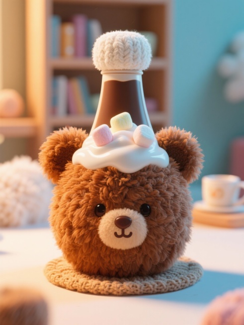 一瓶热可可，瓶身覆盖着蓬松的棕色泰迪熊绒毛，瓶盖是白色的毛线球，奶油泡沫顶部点缀着迷你棉花糖，表面有柔软的短绒纹理，背景是虚化的毛绒书架和针织杯垫，浅景深，柔光摄影，温馨舒适，细节超级丰富预览效果