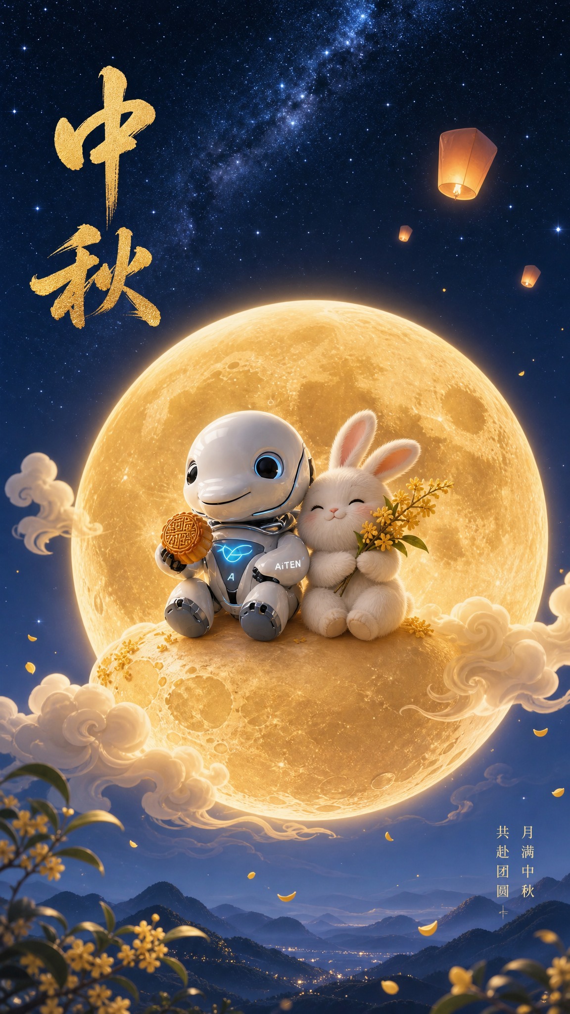 【主题】中秋节高级感海报，AiTEN海豚机器人 + 玉兔，温馨… - 图片创意预览