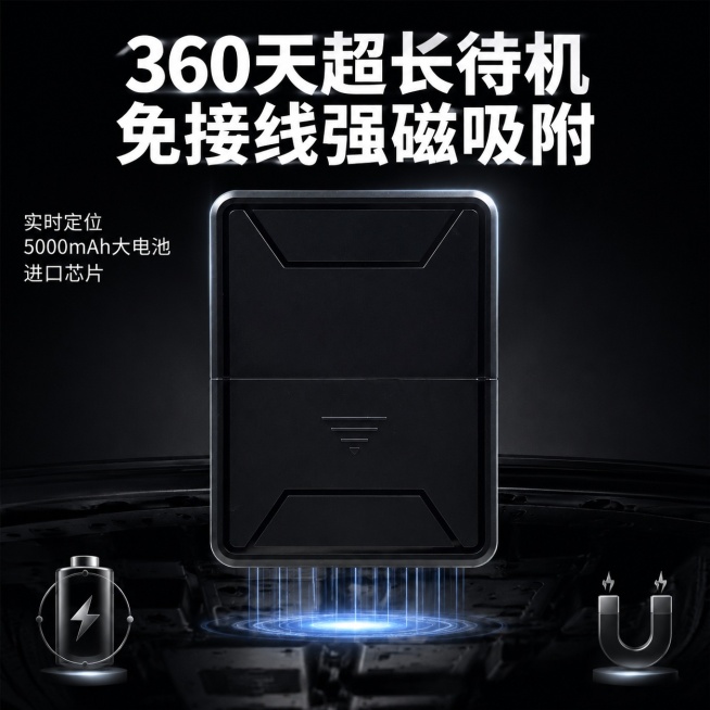 [主图-1] 强磁免安装GPS定位器首图，主打超长待机卖点；
[氛围风格] 暗黑科技风格，极致冲击力，大字卖点直白清晰；
[画质] 商业摄影质感、光线通透有科技感，产品清晰真实，画面干净高级；
[元素预览效果