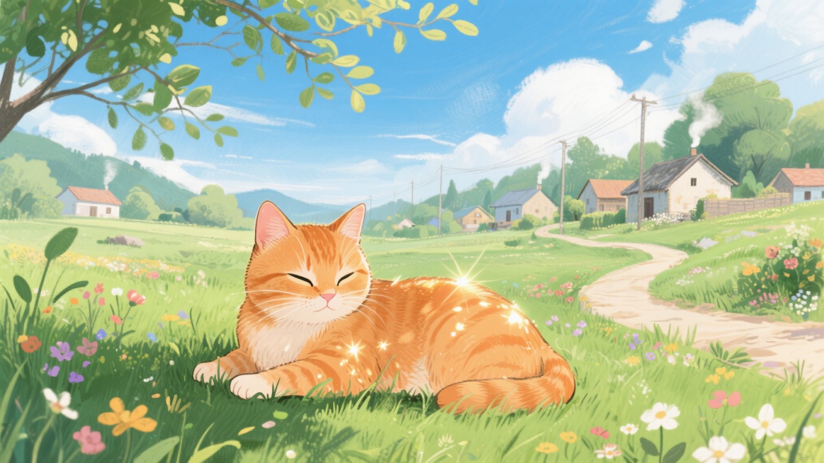一只橘色的猫咪趴在绿色的草地上，阳光洒在它的毛发上，毛发呈现出闪闪发亮、熠熠生辉的质感，晶莹剔透，周围有蜿蜒的小路和错落有致的村庄，蓝天白云下，枝叶随风摇摆，各色花儿绽放，几户人家炊烟袅袅，整体画面温预览效果
