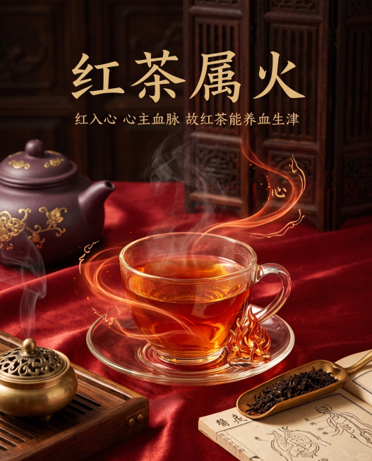 国风养生摄影，画面主题为红茶养心，包含一杯泡好的红茶茶汤，搭配火焰中医养生元素，画面上方文案为"红茶属火 红入心 心主血脉 故红茶能养血生津"，整体暖红色调，中式传统质感背景，保留参考图的养生风格但改预览效果