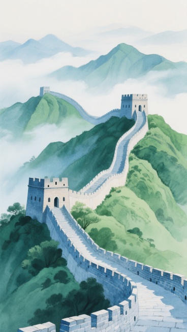 中国长城蜿蜒于青翠山峦之上，展现出宏伟的石砌城墙与城楼细节，采用极简主义水彩风格，以靛蓝与翠绿为主色调，搭配柔和的云雾缭绕背景，营造出宁静悠远的东方意境，整体画面简洁而富有诗意，突出长城的历史厚重感与自然山水的和谐交融。预览效果