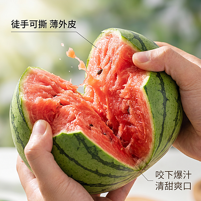 [主图-2] 2K手撕小糖丸西瓜核心卖点展示图。氛围风格：新鲜真实，高食欲鲜果风，拼多多直白风格。画质：商业生鲜水果摄影质感，光线自然通透，产品清晰真实，画面干净高级。元素：中心是一只手徒手撕开西瓜，展示薄皮爆汁的核心特点，沙红脆嫩的瓜瓤完整呈现，能清晰看到果皮轻薄的特点，有少许果汁飞溅的动态效果，增加食欲感。保持西瓜外观质地与输入产品图绝对一致，杜绝变形色差，精细化处理。商品主体占比约70%，画面满屏无边框。光影：自然暖阳逆光，穿透果肉增加通透感，突出汁水丰盈的质感。配色：自然绿色+沙红色为主，新鲜诱人。视角构图：平视特写，聚焦手撕西瓜的瞬间，景深较浅突出主体。文字版式：左上角用引线标注特点，引线纤细，对应位置标注“徒手可撕 薄外皮”，字体黑色清晰，不遮挡主体；右下角标注“咬下爆汁 清甜爽口”，小字浅色不抢主体。比例分辨率：1:1比例，2k分辨率，文字清晰可辨，超高清。负向提示词：变形，水印，文字错乱，产品模糊，背景杂乱，色差，夸张过度，遮挡主体。